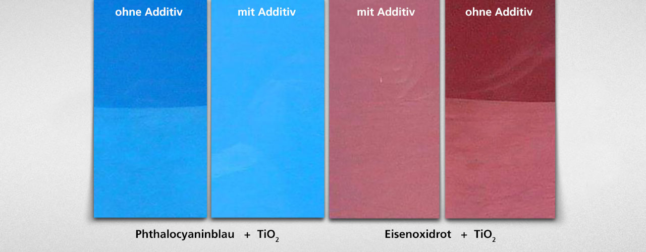 Vermeiden des Ausschwimmens in Pigmentmischungen mit Netz- und Dispergieradditiven (der ausgeriebene Bereich ist jeweils unten)
